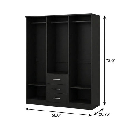 72" Black Solid Wood Three Door Three Drawer Combo Dresser