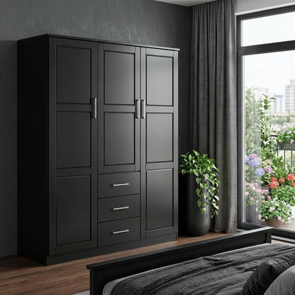 72" Black Solid Wood Three Door Three Drawer Combo Dresser