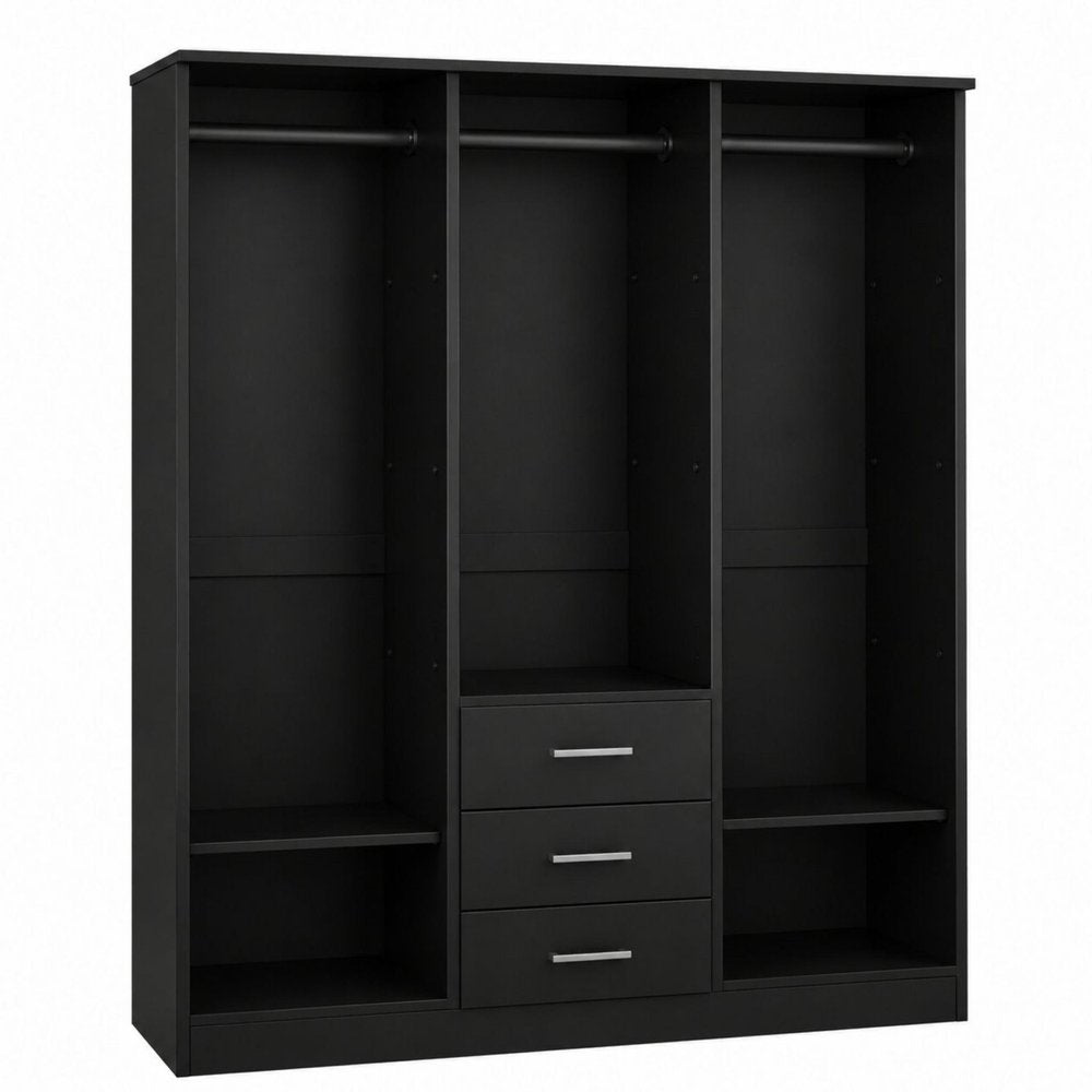 72" Black Solid Wood Three Door Three Drawer Combo Dresser