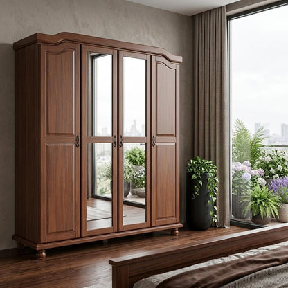 74" Coffee Solid Wood Mirrored Four Door Combo Dresser