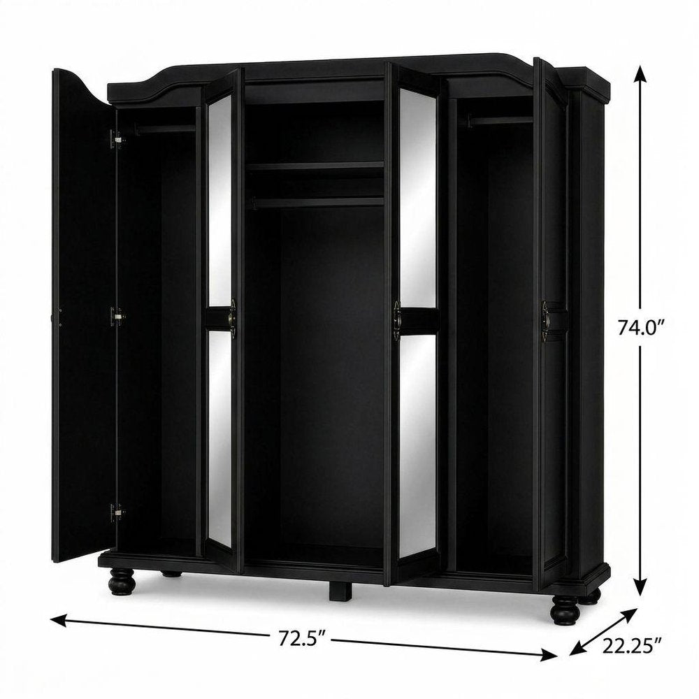 74" Black Solid Wood Mirrored Four Door Combo Dresser