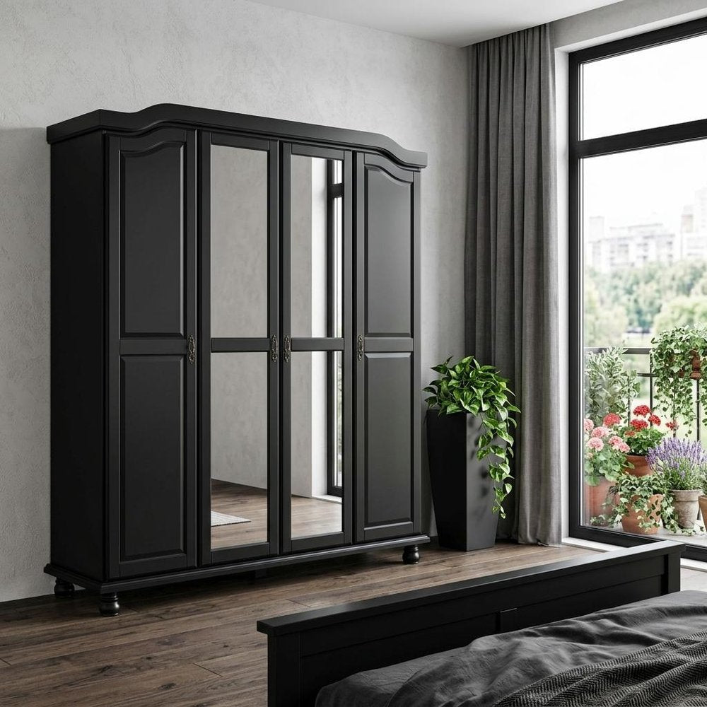 74" Black Solid Wood Mirrored Four Door Combo Dresser