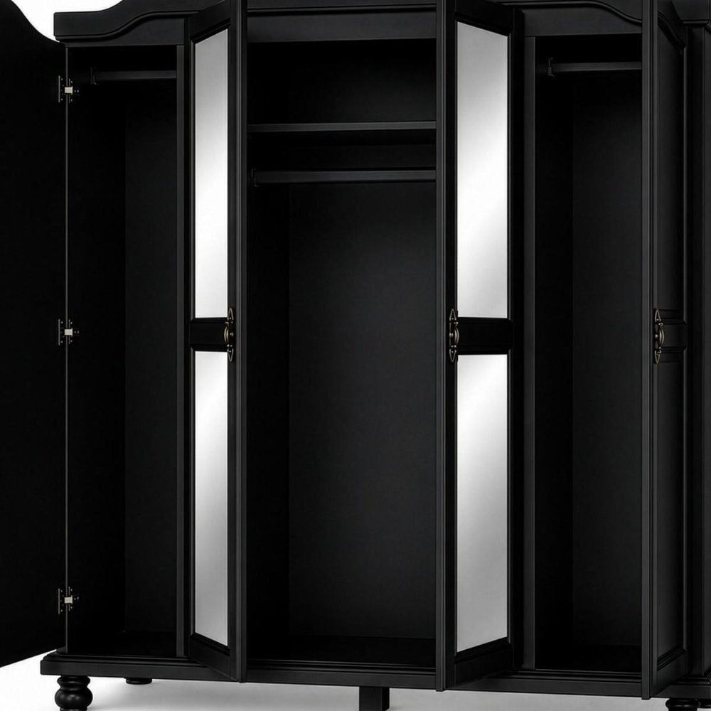 74" Black Solid Wood Mirrored Four Door Combo Dresser