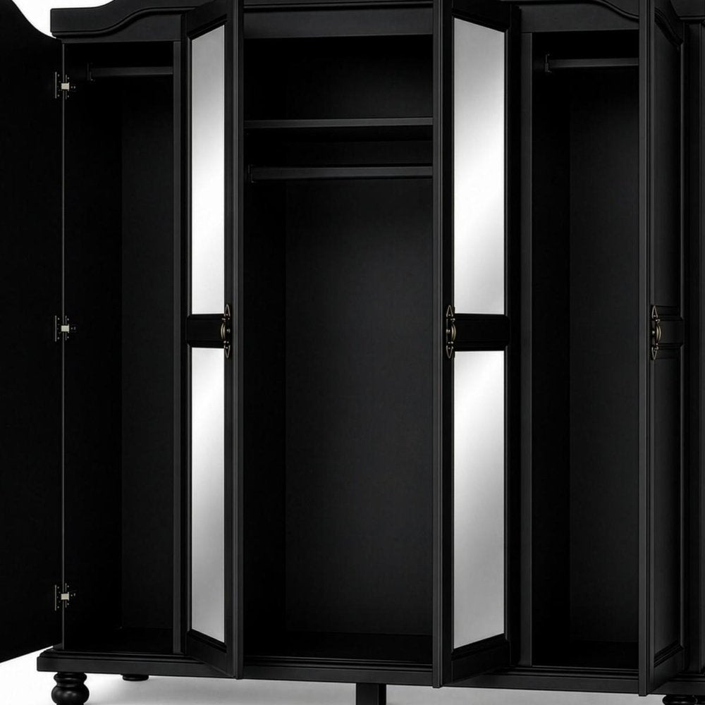 74" Black Solid Wood Mirrored Four Door Combo Dresser