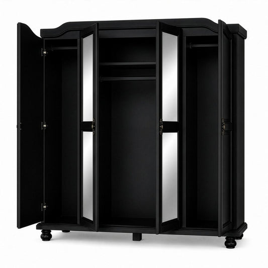 74" Black Solid Wood Mirrored Four Door Combo Dresser