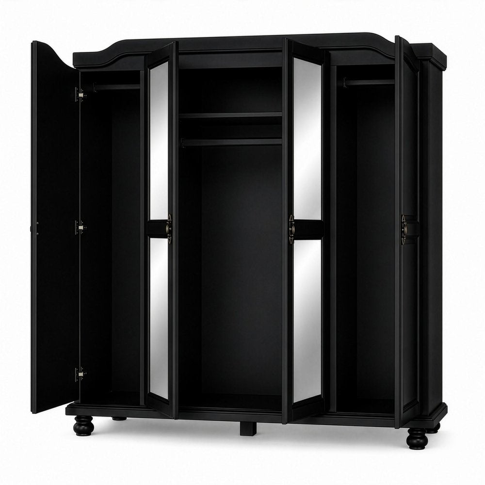 74" Black Solid Wood Mirrored Four Door Combo Dresser