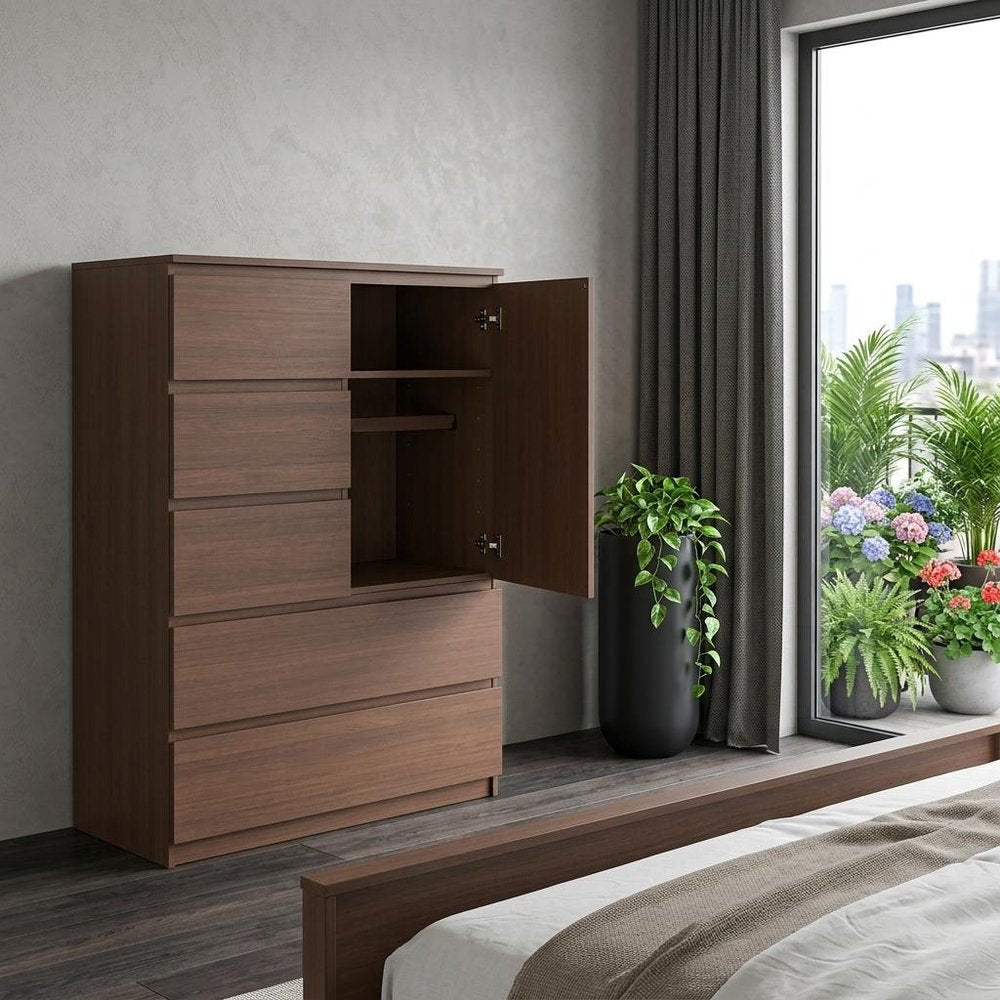 72" Coffee Solid Wood Four Door Combo Dresser