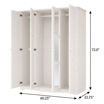 72" White Solid Wood Mirrored Four Door Combo Dresser