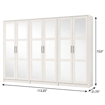 72" White Solid Wood Mirrored Six Door Combo Dresser