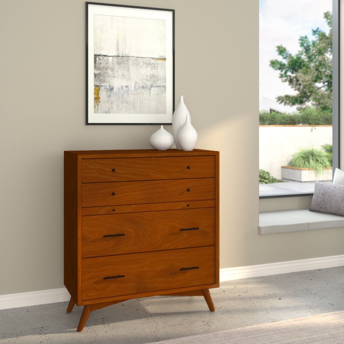 Flynn Mid Century Modern 4 Drawer Multifunction Chest w/Pull Out Tray, Chestnut