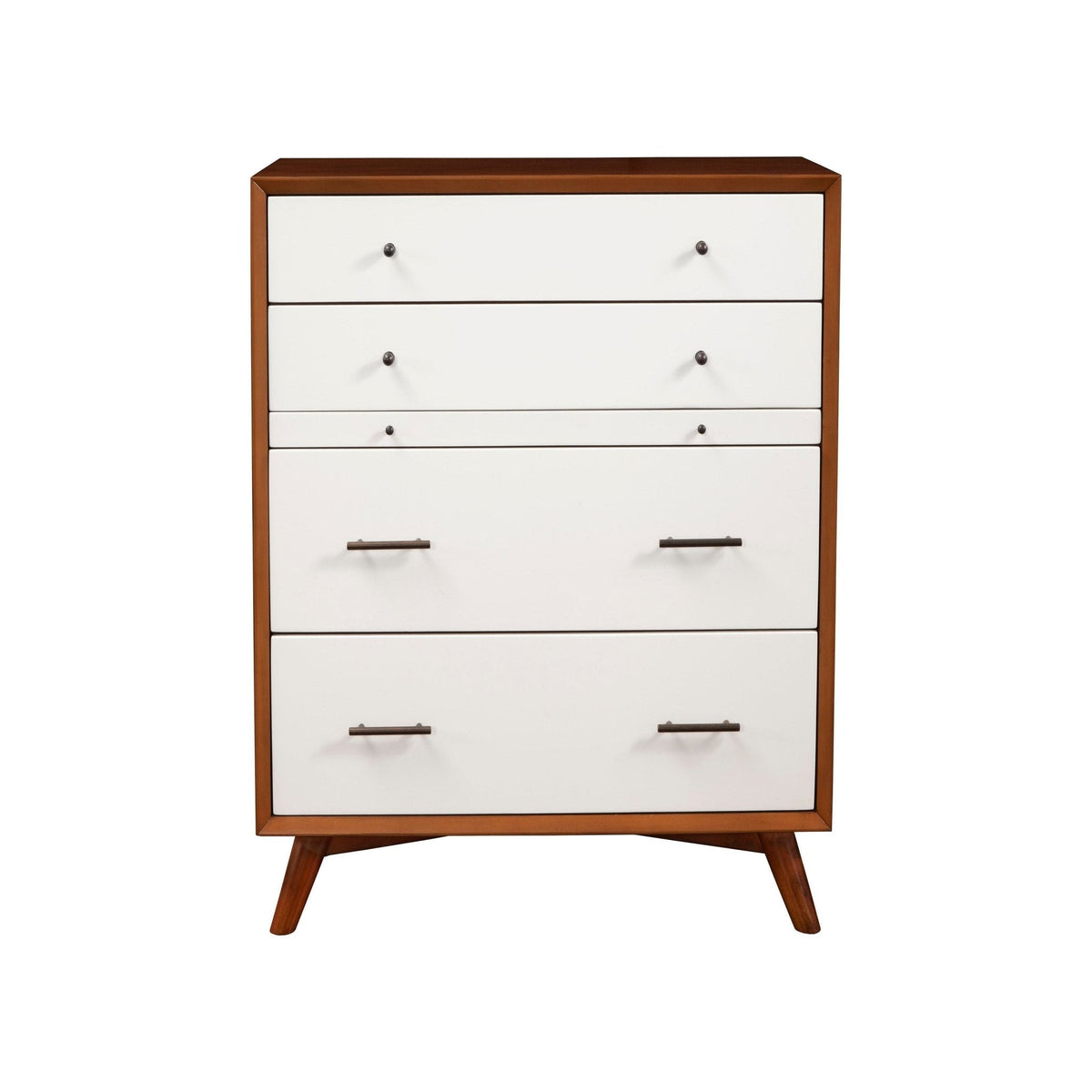 Flynn Mid Century Modern 4 Drawer Two Tone Multifunction Chest w/Pull Out Tray, Chestnut/White
