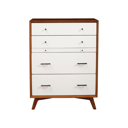 Flynn Mid Century Modern 4 Drawer Two Tone Multifunction Chest w/Pull Out Tray, Chestnut/White