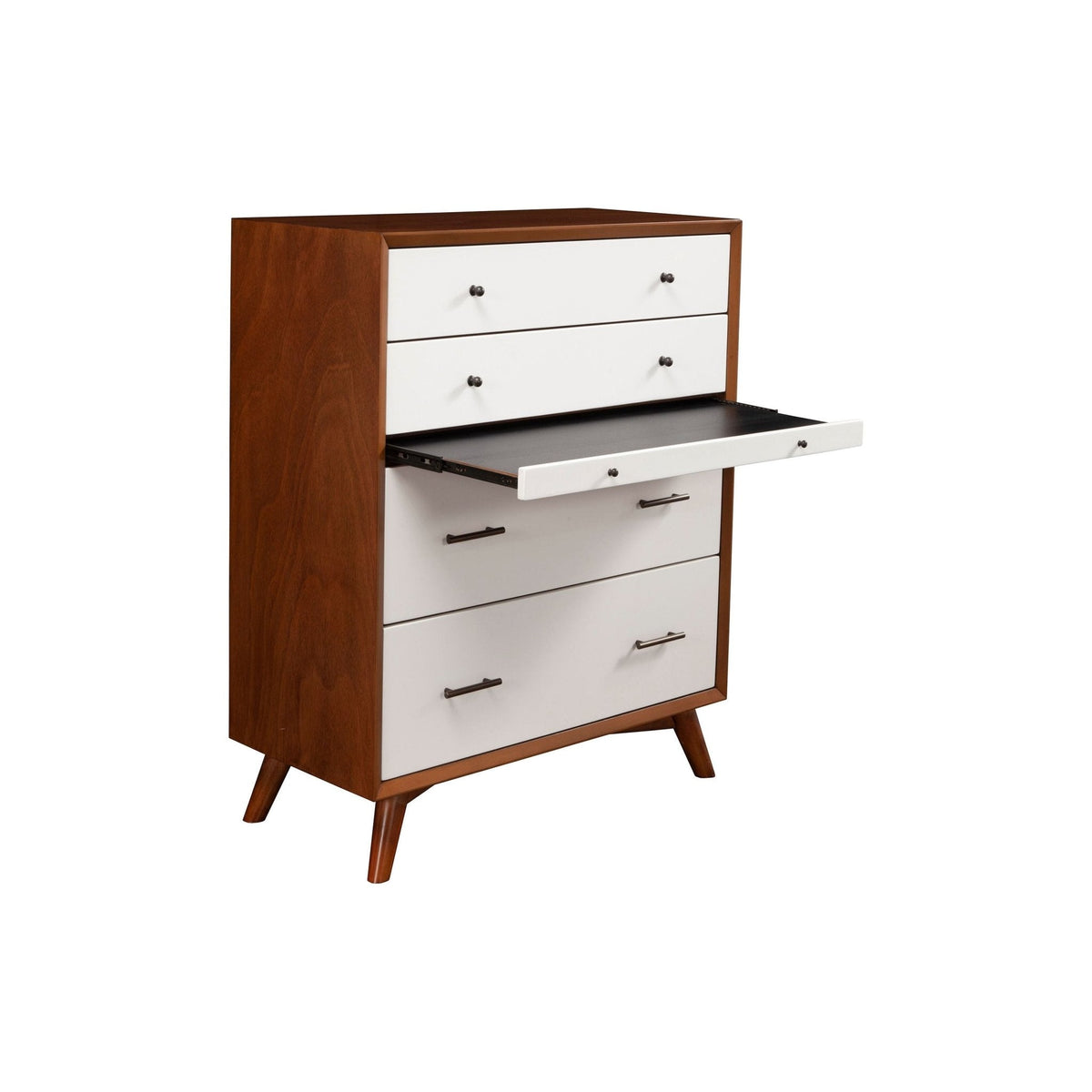 Flynn Mid Century Modern 4 Drawer Two Tone Multifunction Chest w/Pull Out Tray, Chestnut/White