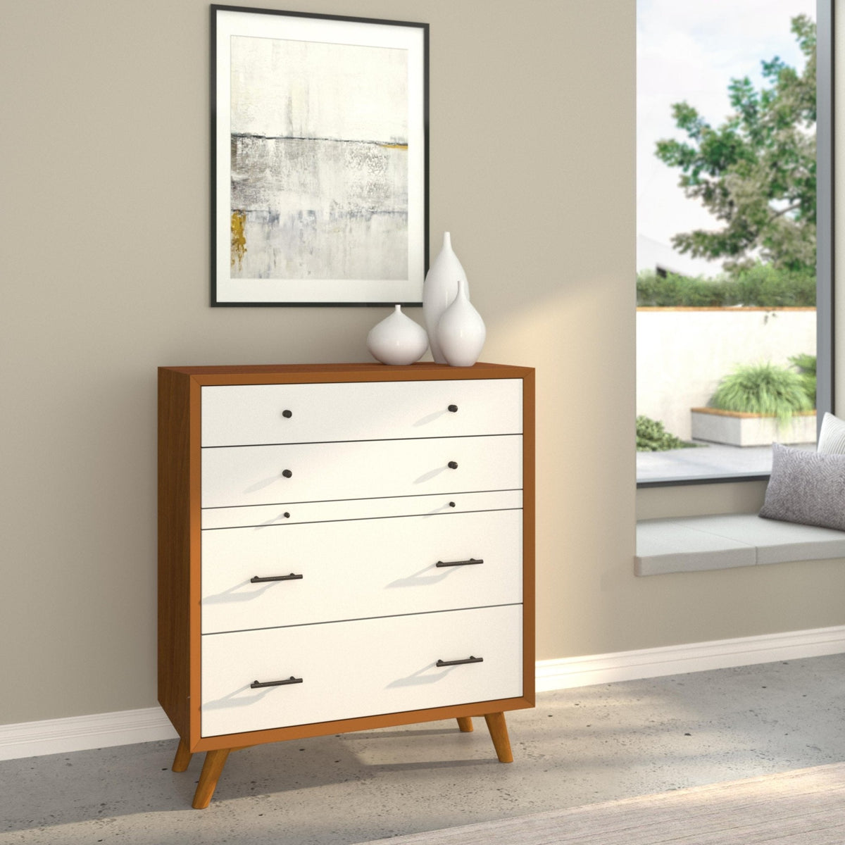 Flynn Mid Century Modern 4 Drawer Two Tone Multifunction Chest w/Pull Out Tray, Chestnut/White