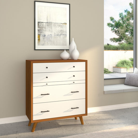 Flynn Mid Century Modern 4 Drawer Two Tone Multifunction Chest w/Pull Out Tray, Chestnut/White