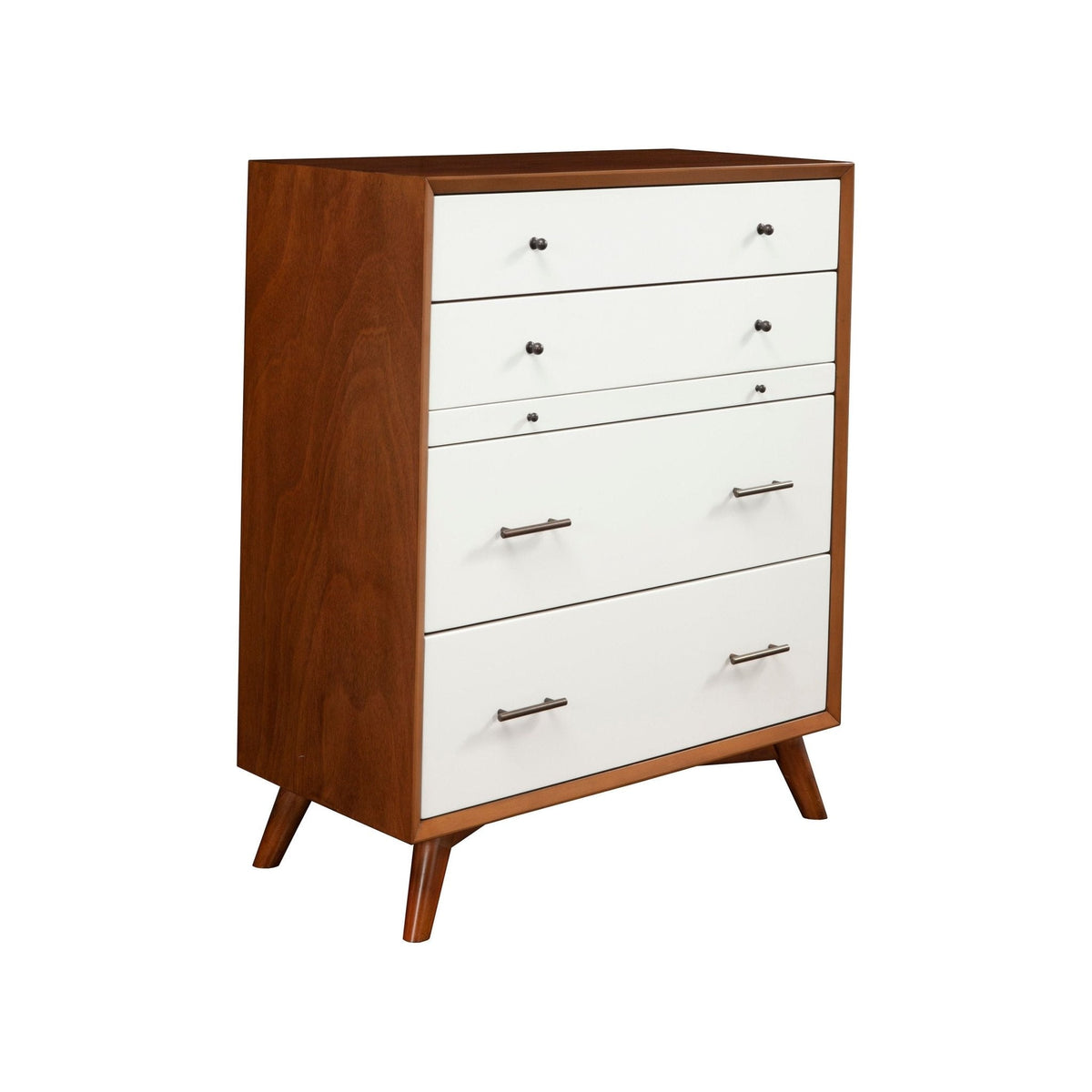 Flynn Mid Century Modern 4 Drawer Two Tone Multifunction Chest w/Pull Out Tray, Chestnut/White