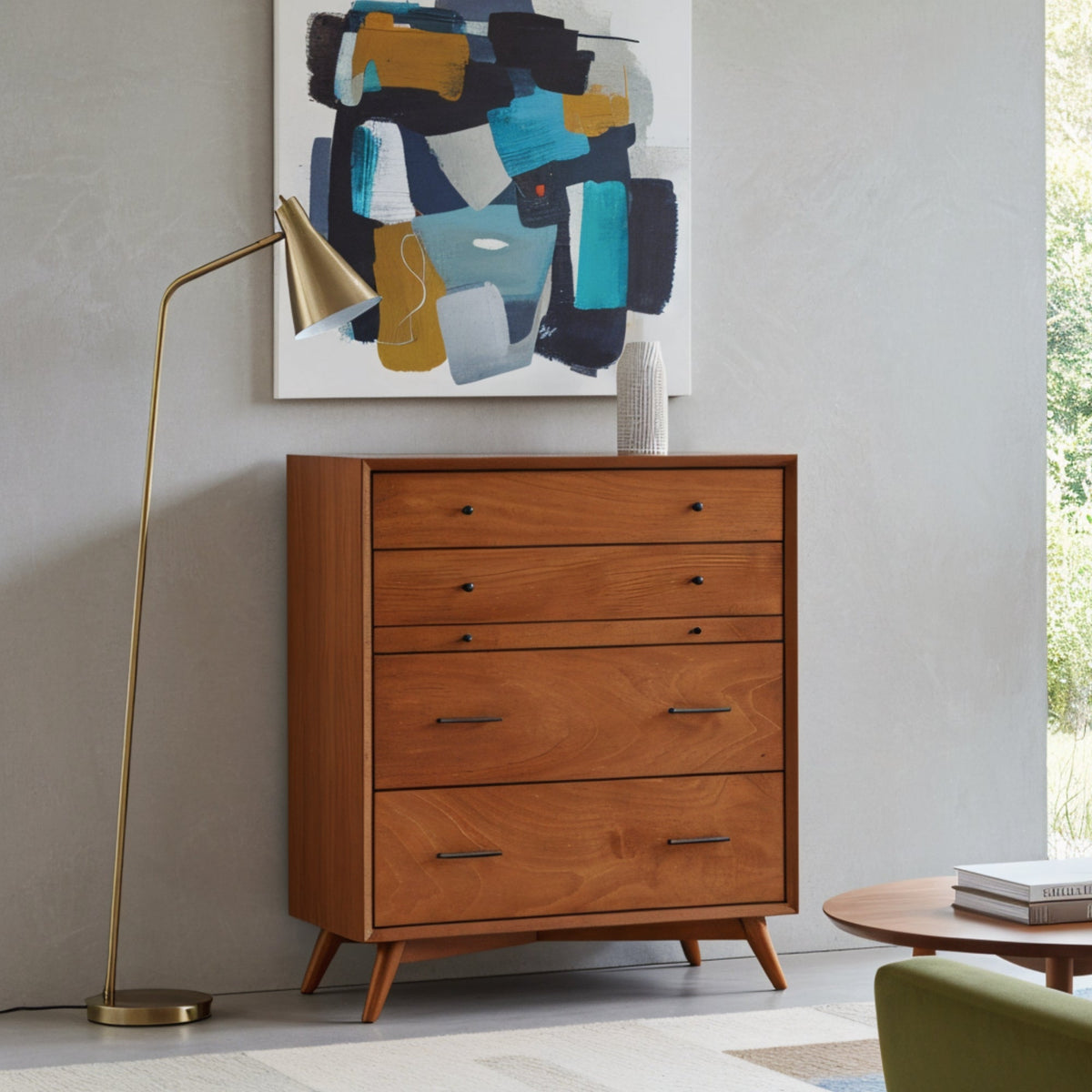Flynn Mid Century Modern 4 Drawer Multifunction Chest w/Pull Out Tray, Chestnut