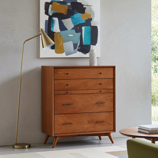 Flynn Mid Century Modern 4 Drawer Multifunction Chest w/Pull Out Tray, Chestnut