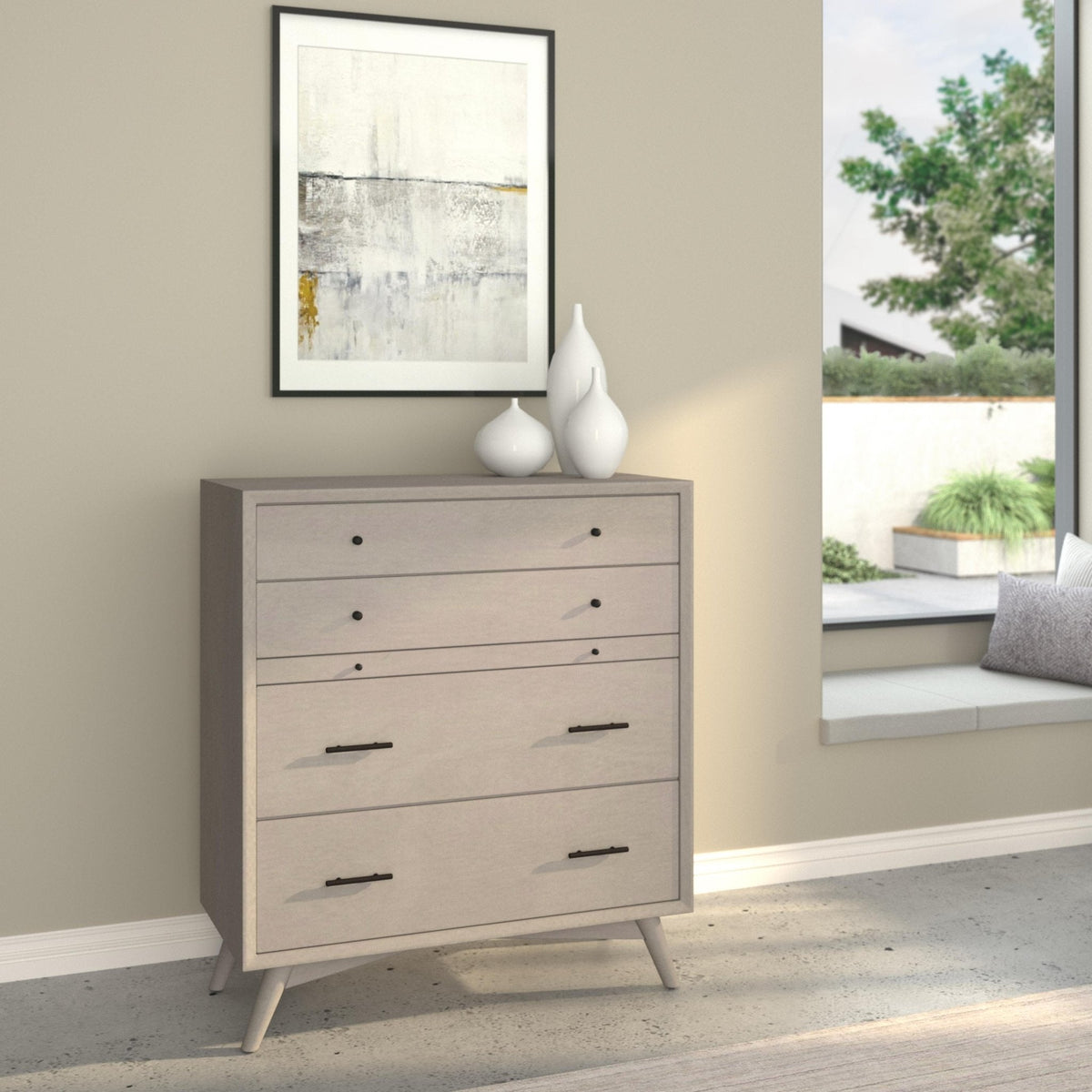 Flynn Mid Century Modern 4 Drawer Multifunction Chest w/Pull Out Tray, Gray