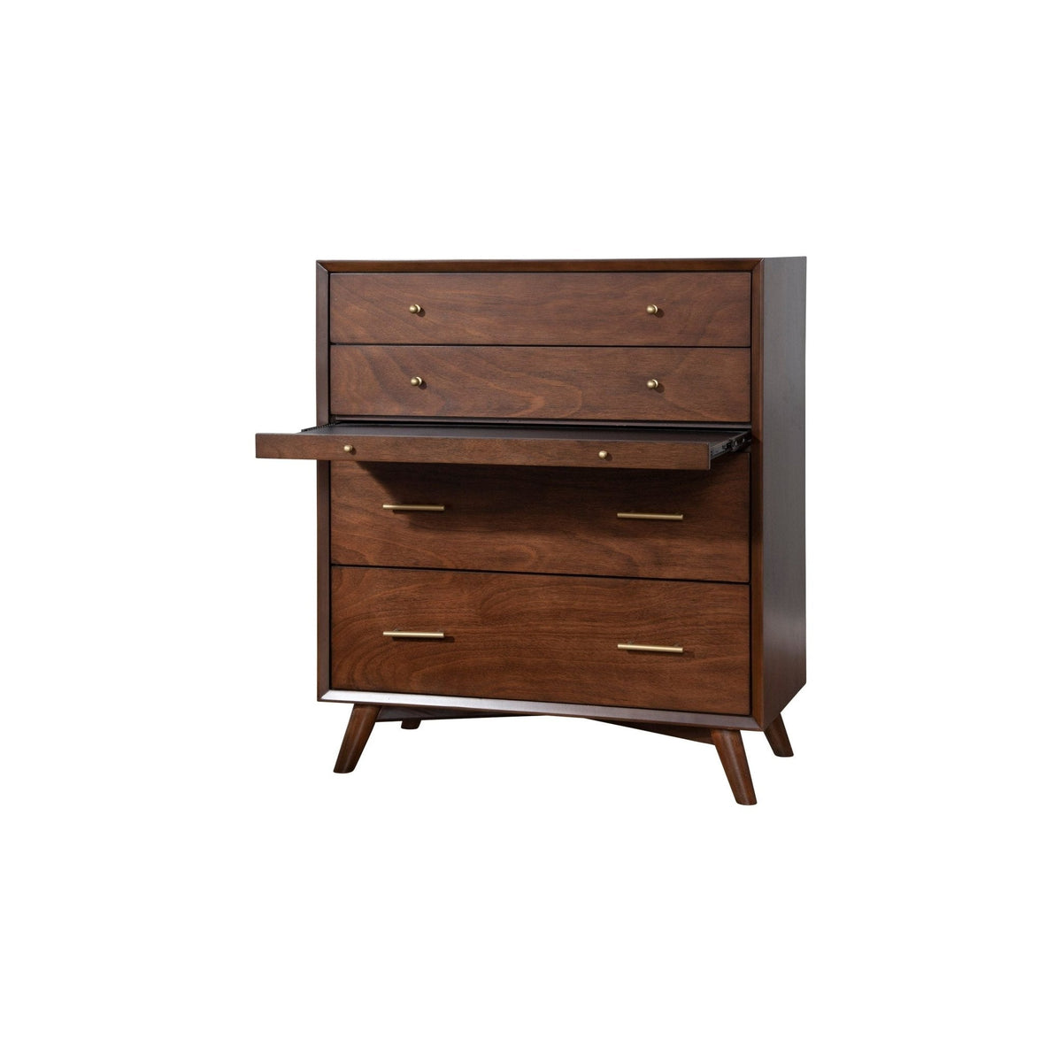 Flynn Mid Century Modern 4 Drawer Multifunction Chest w/Pull Out Tray, Walnut