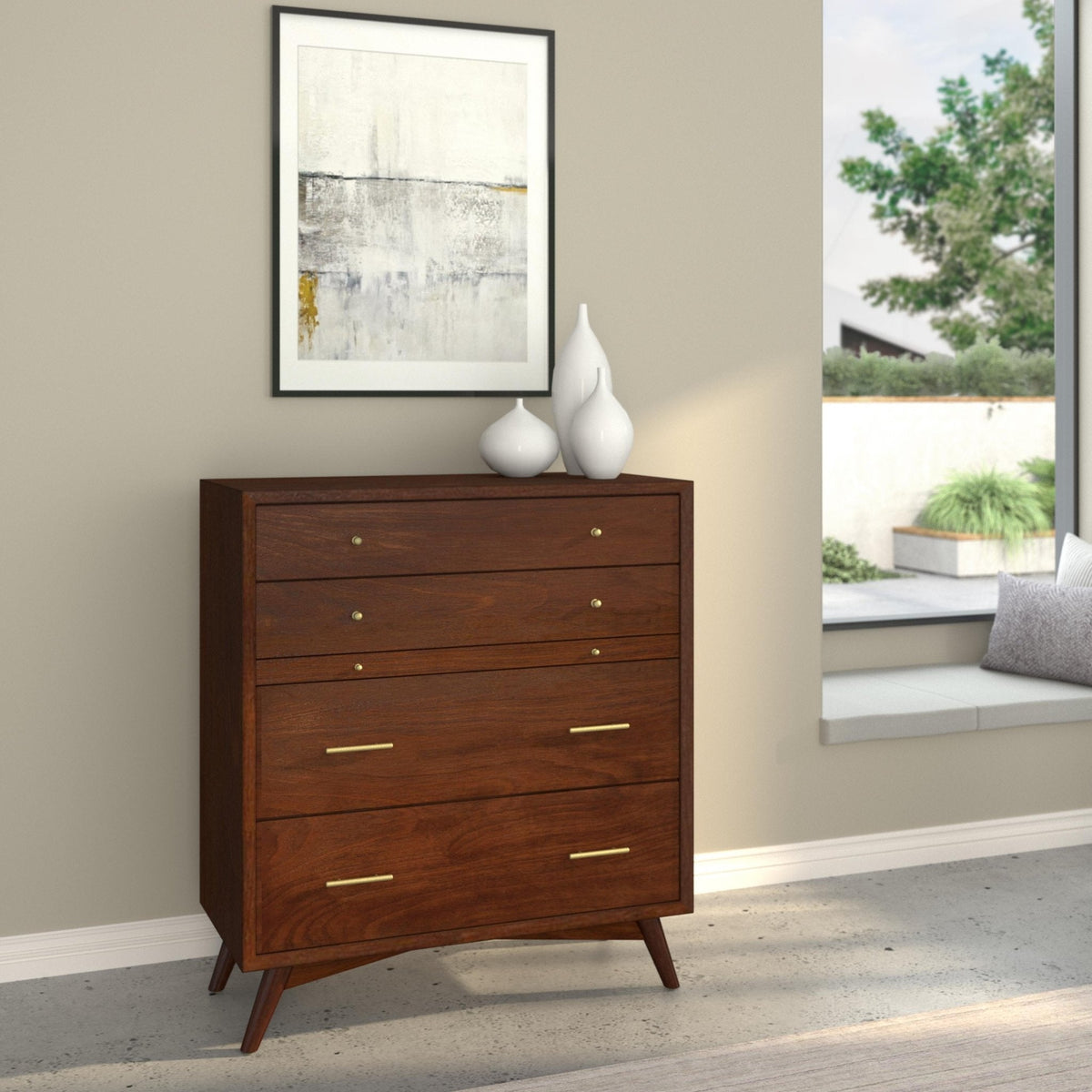Flynn Mid Century Modern 4 Drawer Multifunction Chest w/Pull Out Tray, Walnut