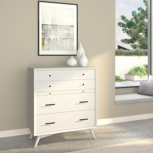 Flynn Mid Century Modern 4 Drawer Multifunction Chest w/Pull Out Tray, White