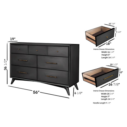 Flynn Mid Century Modern 7 Drawer Dresser, Black