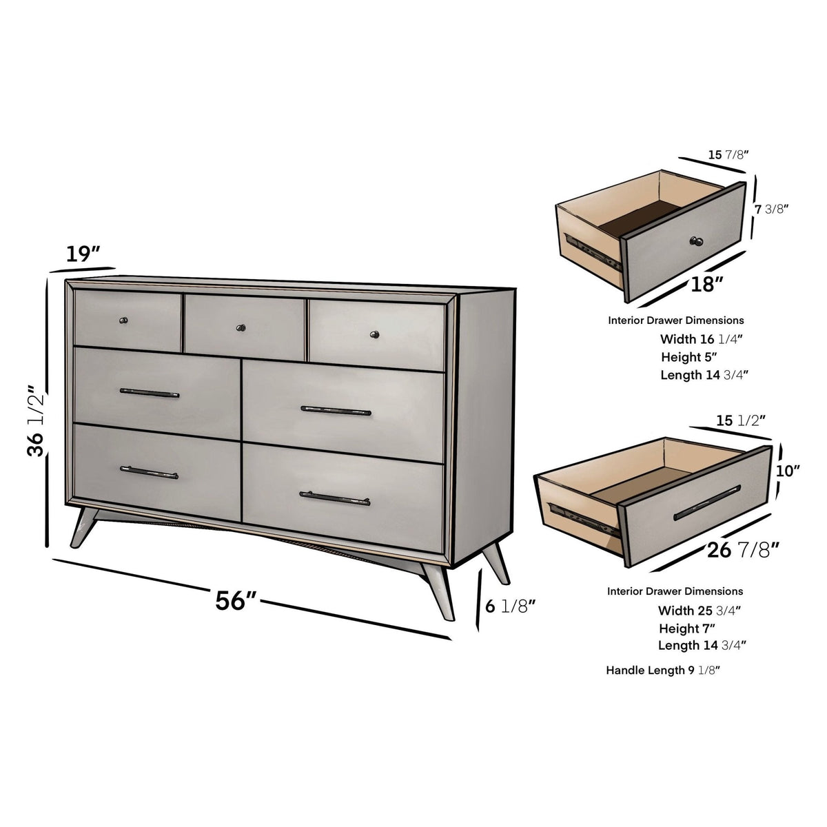 Flynn Mid Century Modern 7 Drawer Dresser, Gray