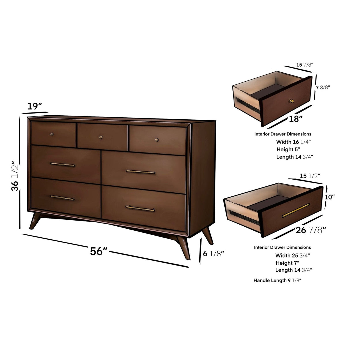 Flynn Mid Century Modern 7 Drawer Dresser, Walnut