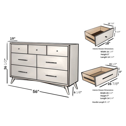 Flynn Mid Century Modern 7 Drawer Dresser, White
