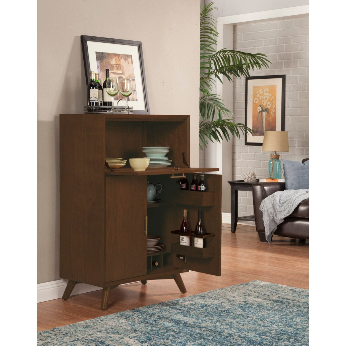 Flynn Large Bar Cabinet w/Drop Down Tray, Walnut