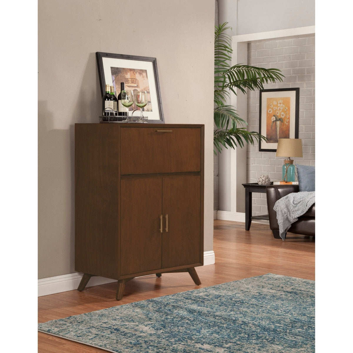 Flynn Large Bar Cabinet w/Drop Down Tray, Walnut
