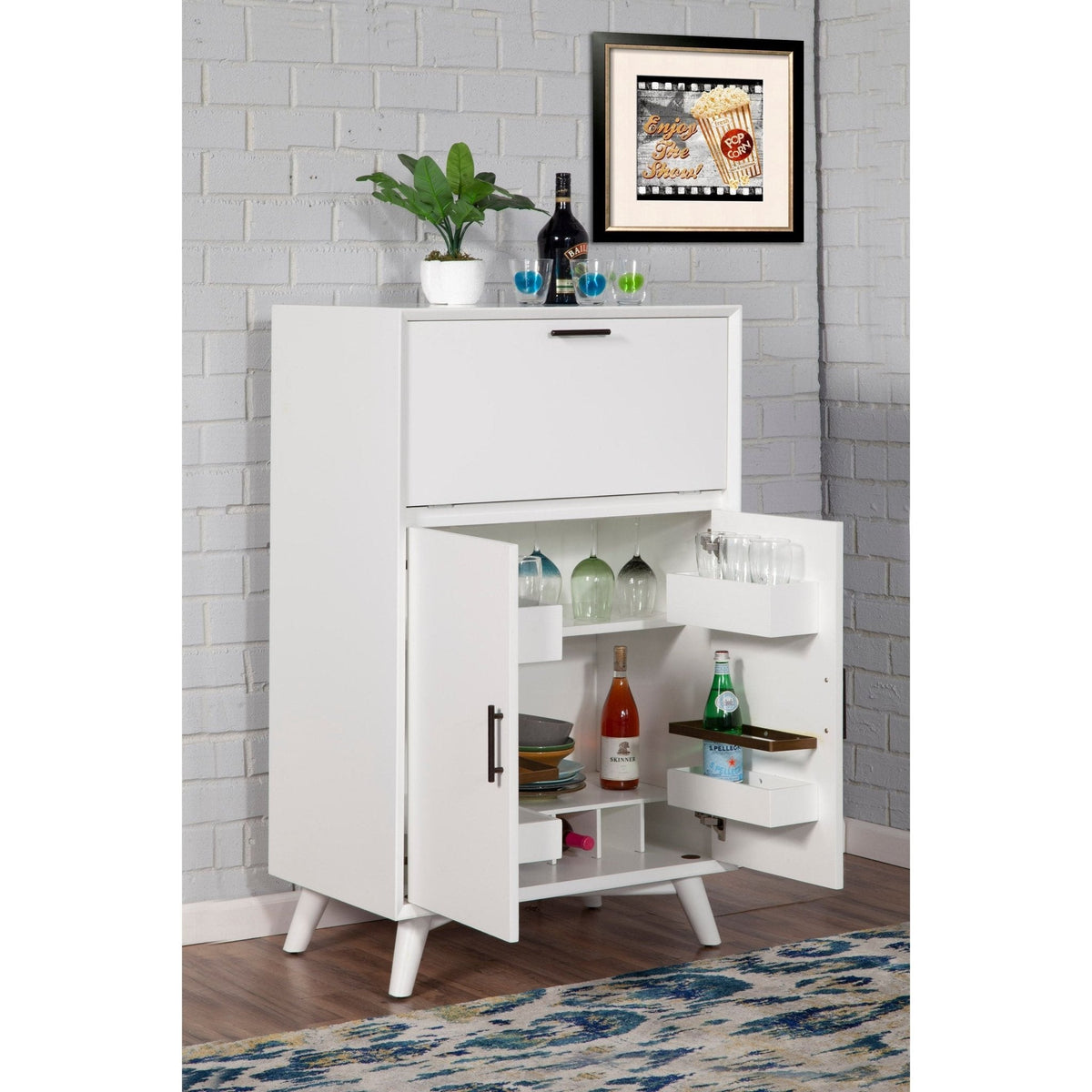 Flynn Large Bar Cabinet w/Drop Down Tray, White