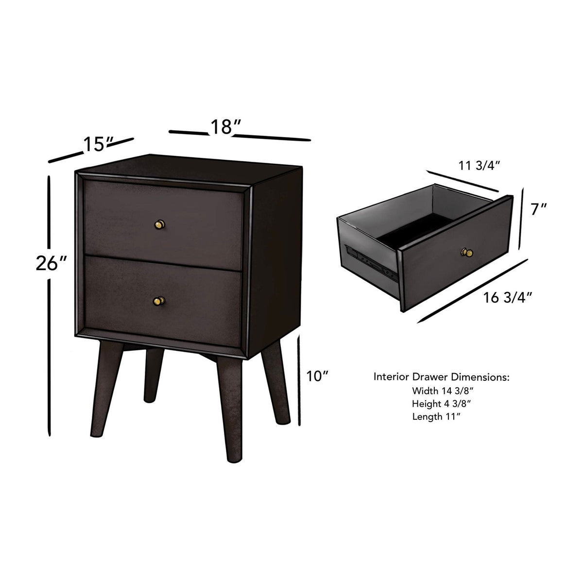 Flynn Mid Century Modern 2 Drawer Nightstand, Black