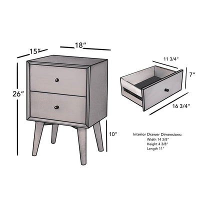 Flynn Mid Century Modern 2 Drawer Nightstand, Gray