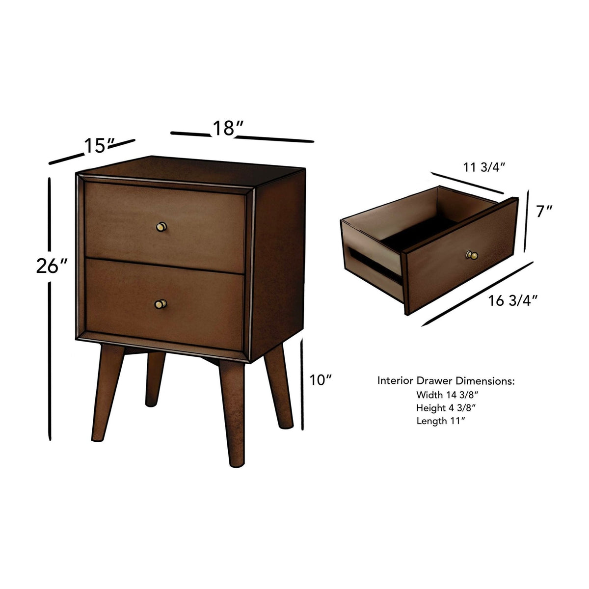 Flynn Mid Century Modern 2 Drawer Nightstand, Walnut