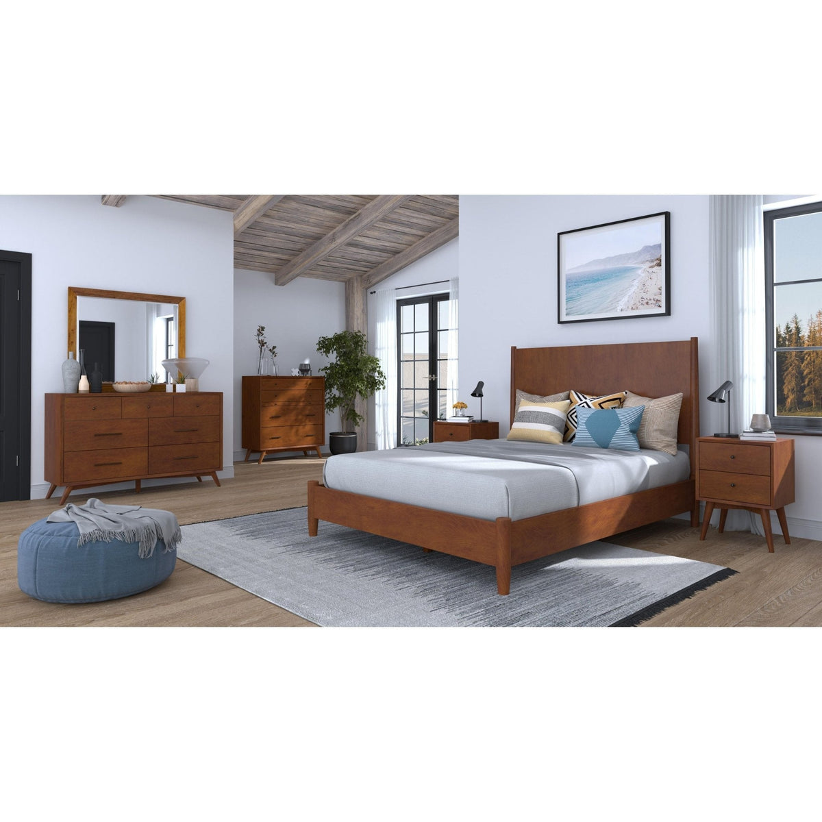 Flynn Mid Century Modern Full Size Panel Bed, Chestnut