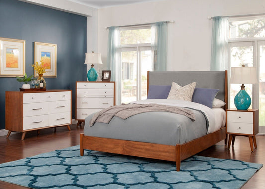 Flynn Mid Century Modern Two Tone Queen Panel Bed, Chestnut/Grey