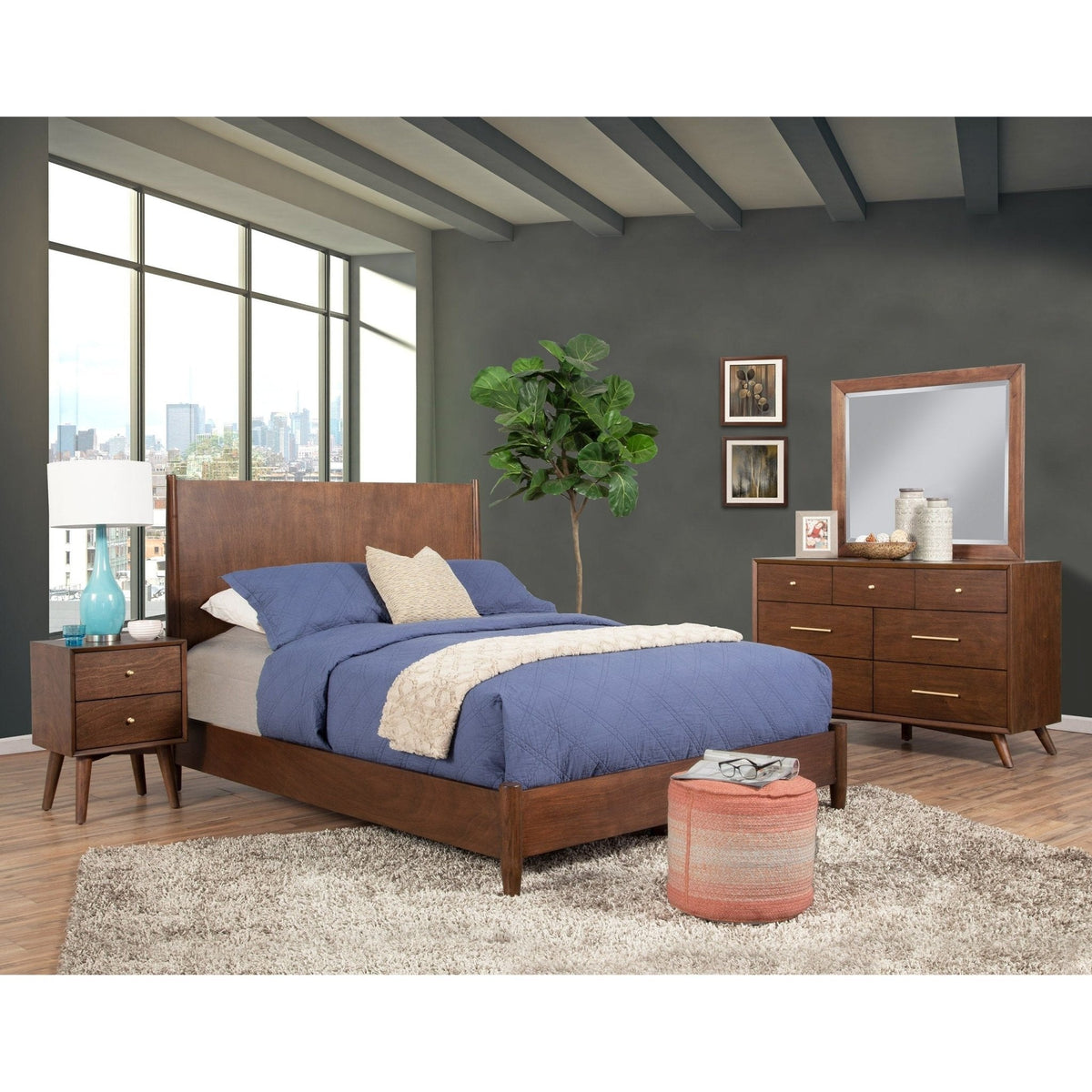 Flynn Mid Century Modern Full Size Panel Bed, Walnut