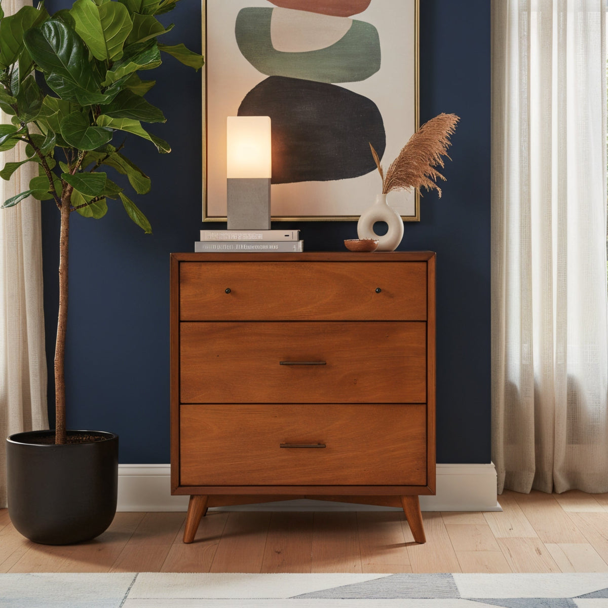 Flynn Mid Century Modern 3 Drawer Small Chest, Chestnut