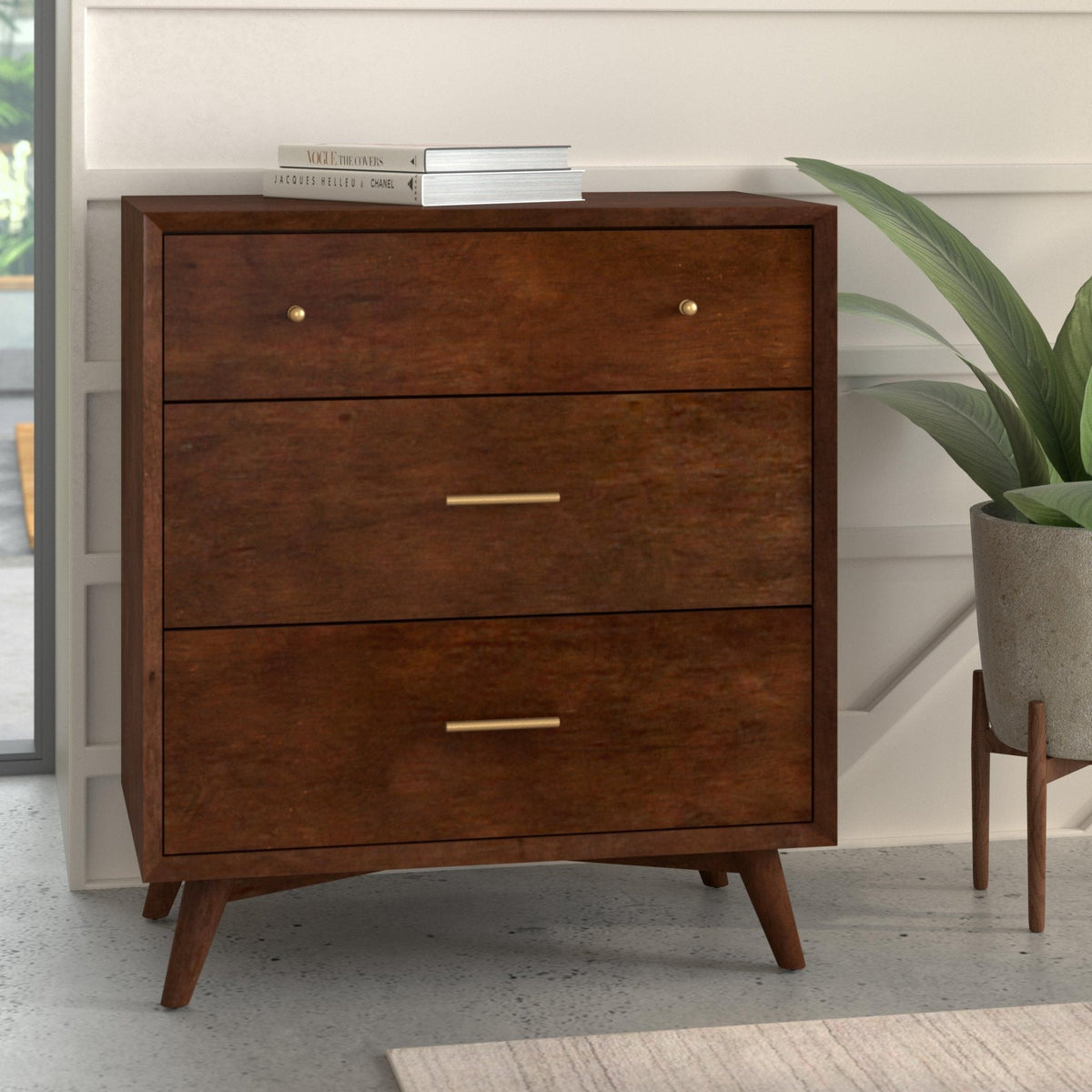Flynn Mid Century Modern 3 Drawer Small Chest, Walnut