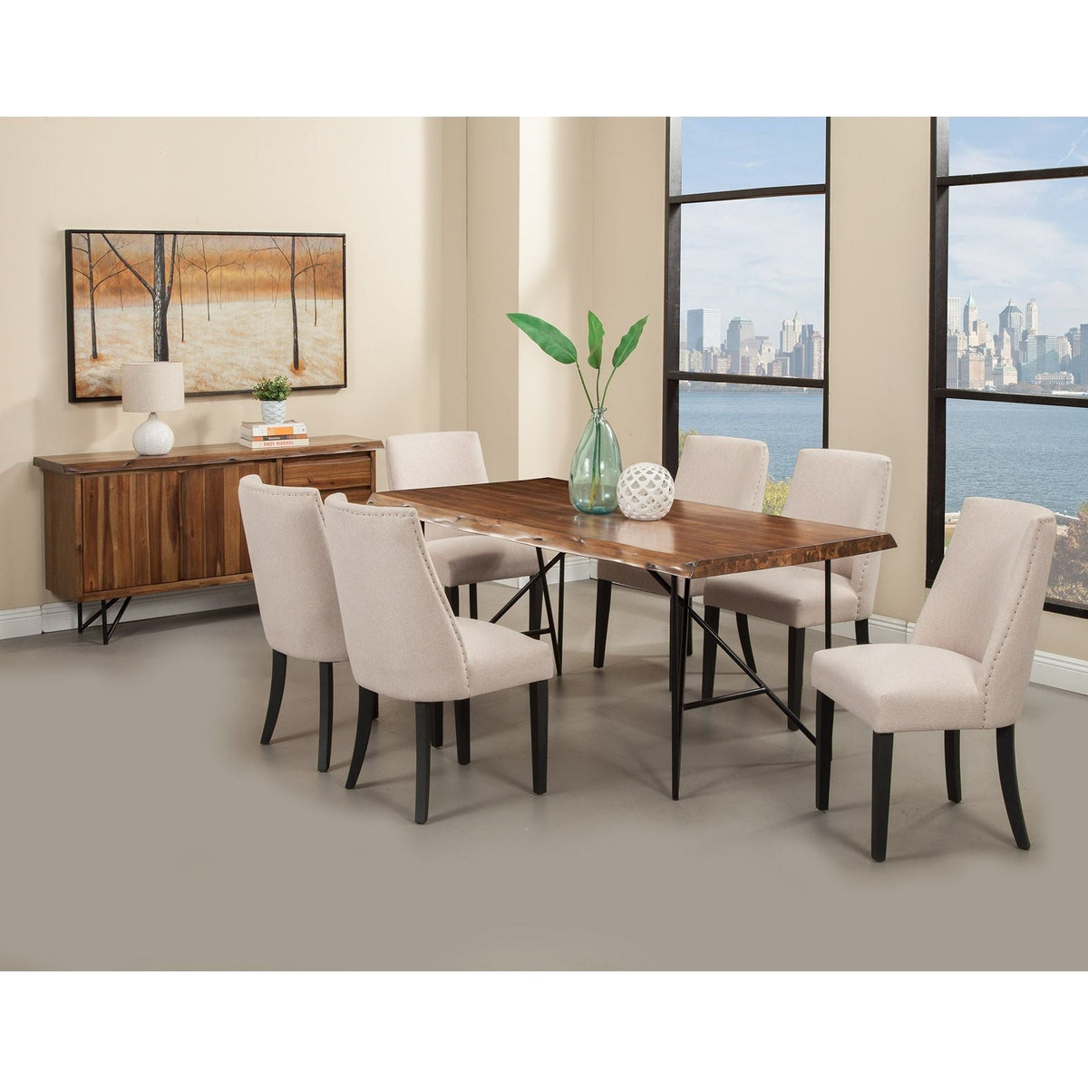 Live Edge Set of 2 Upholstered Parson Chairs, Cream/Black